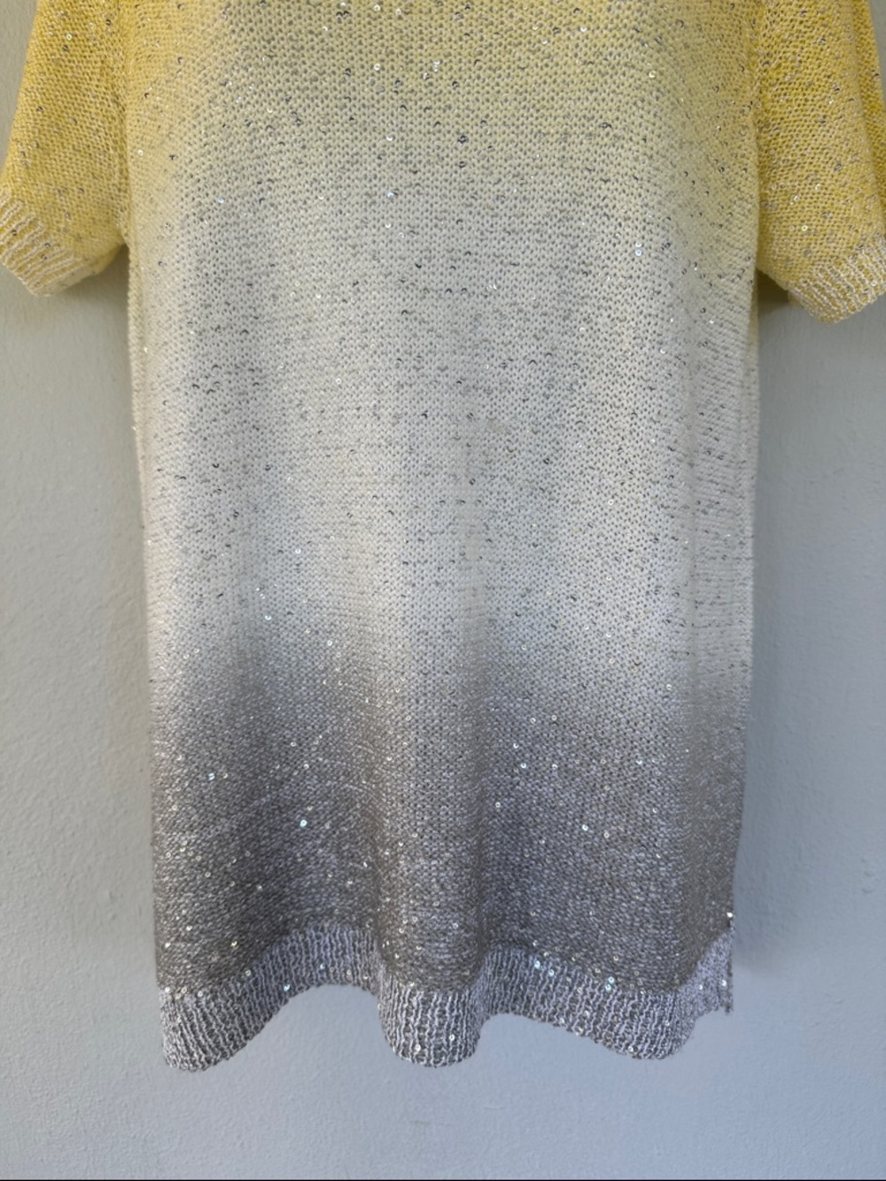 Alfred Dunner Petite yellow gray ombré glitter sequin short sleeve sweater PM - Picture 4 of 8